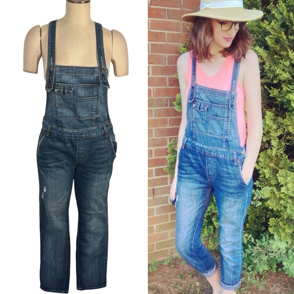 Free People Size 28 Distressed Blue Denim Overalls Stretch Jeans